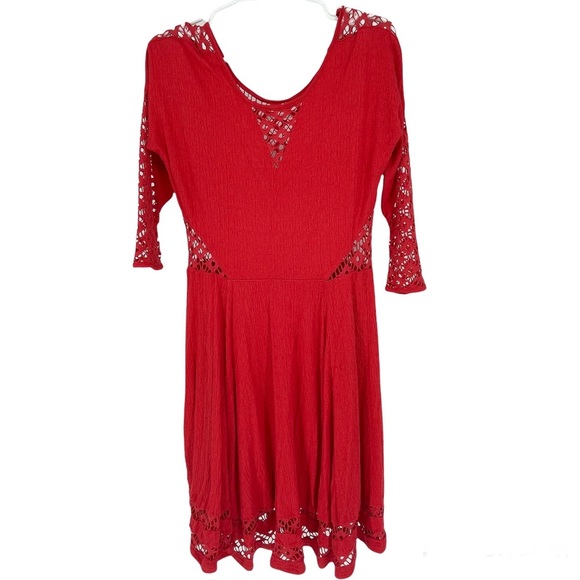 FREE PEOPLE RED TO THE POINT LACE CROCHET FIT AND FLARE DRESS MEDIUM - Picture 2 of 7